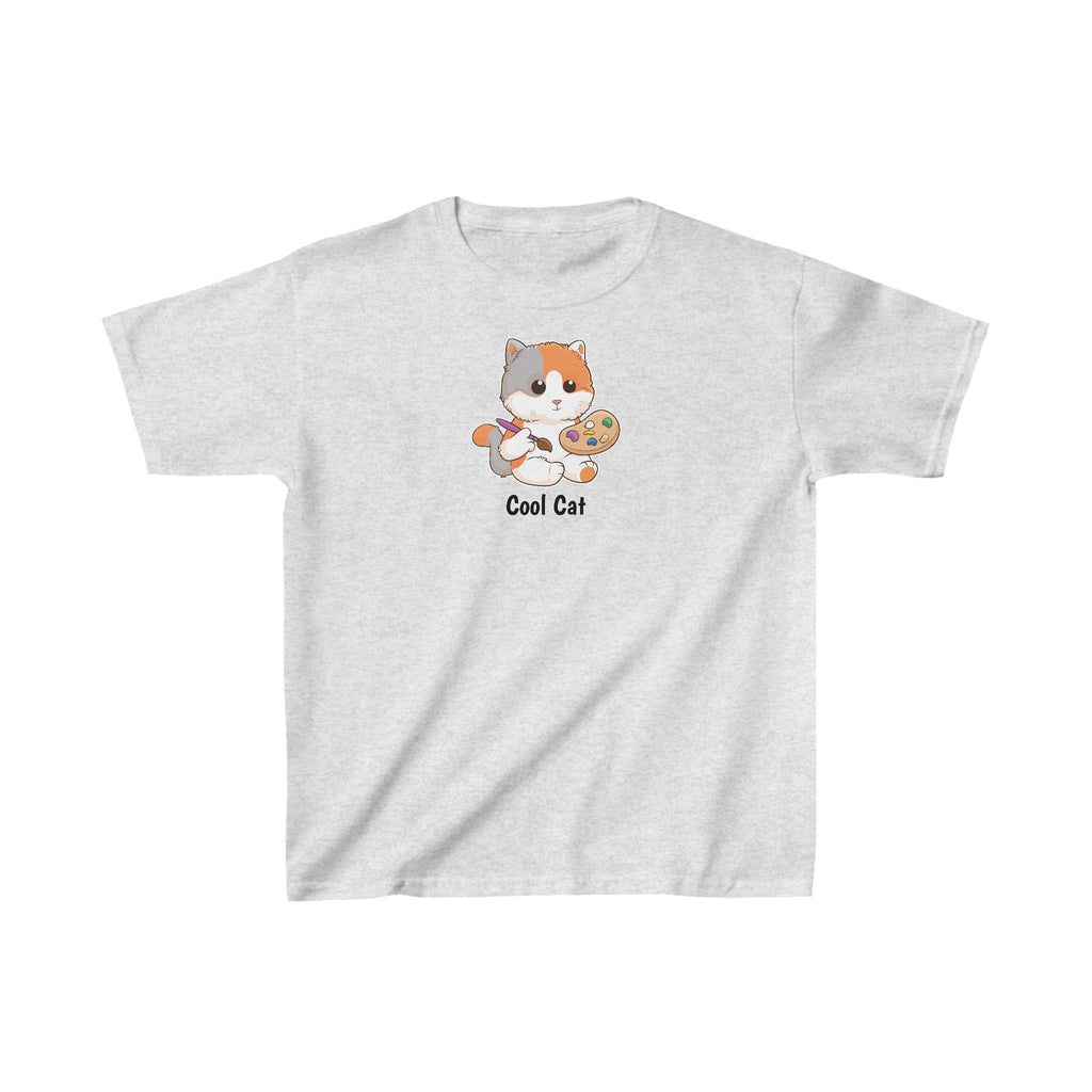 A short-sleeve light grey shirt with a picture of a cat that says Cool Cat.