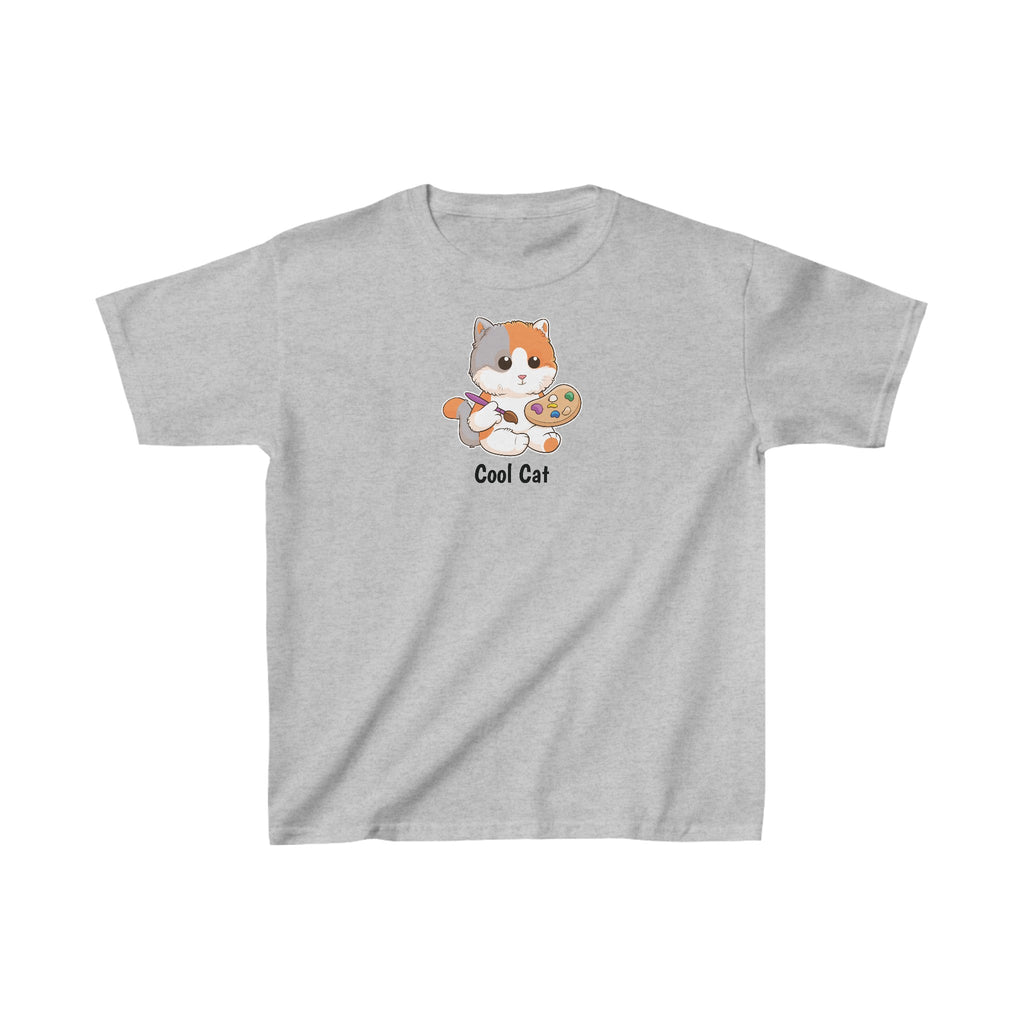 A short-sleeve grey shirt with a picture of a cat that says Cool Cat.