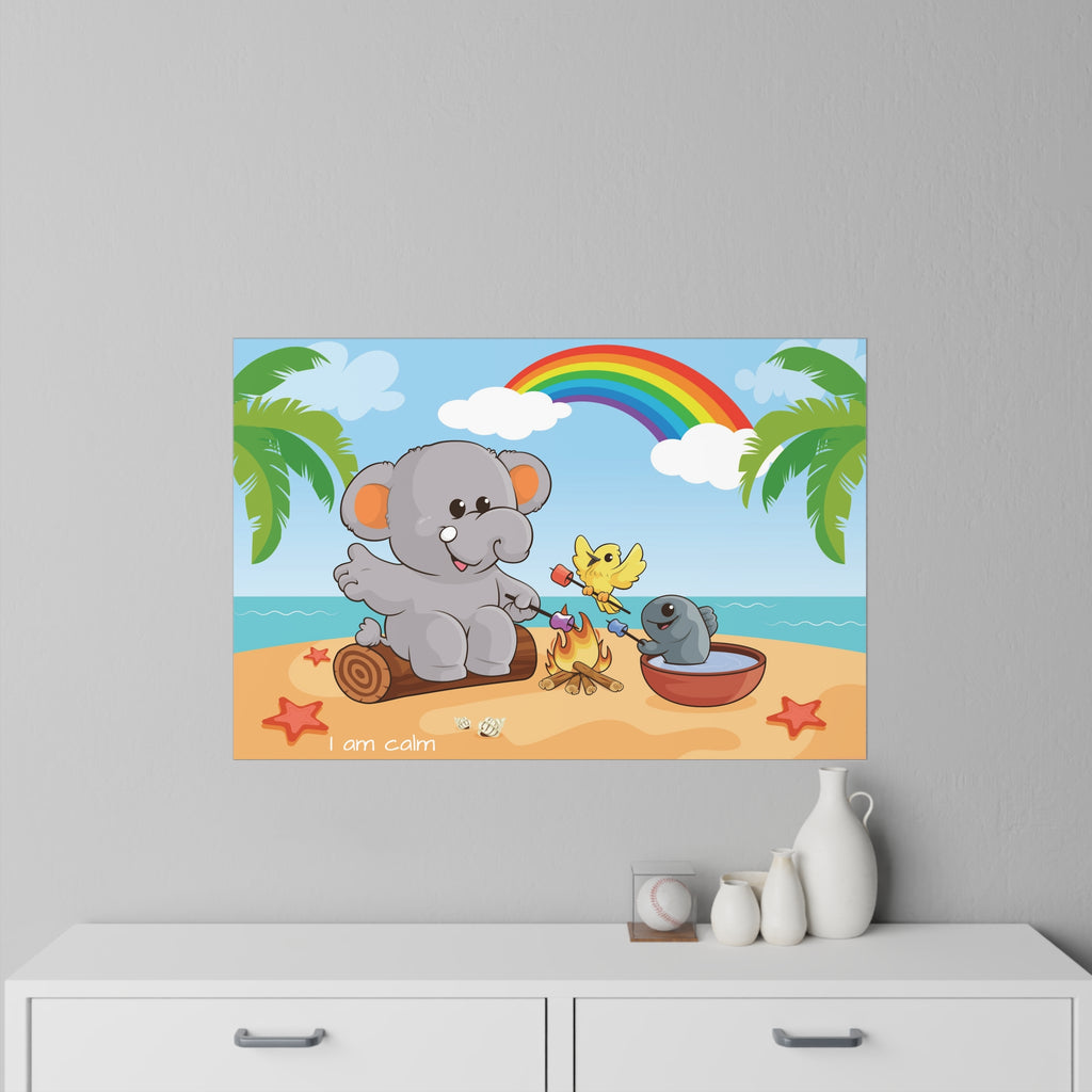 A 36 by 24 inch wall decal on a grey wall above a dresser. The wall decal has a scene of an elephant having a bonfire with a bird and fish on the beach, a rainbow in the background, and the phrase "I am calm" along the bottom.