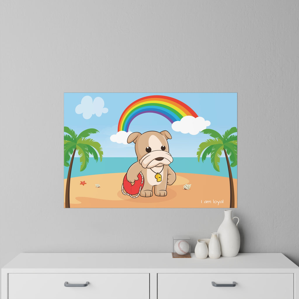 A 36 by 24 inch wall decal on a grey wall above a dresser. The wall decal has a scene of a dog lifeguard standing on a beach, a rainbow in the background, and the phrase "I am loyal" along the bottom.