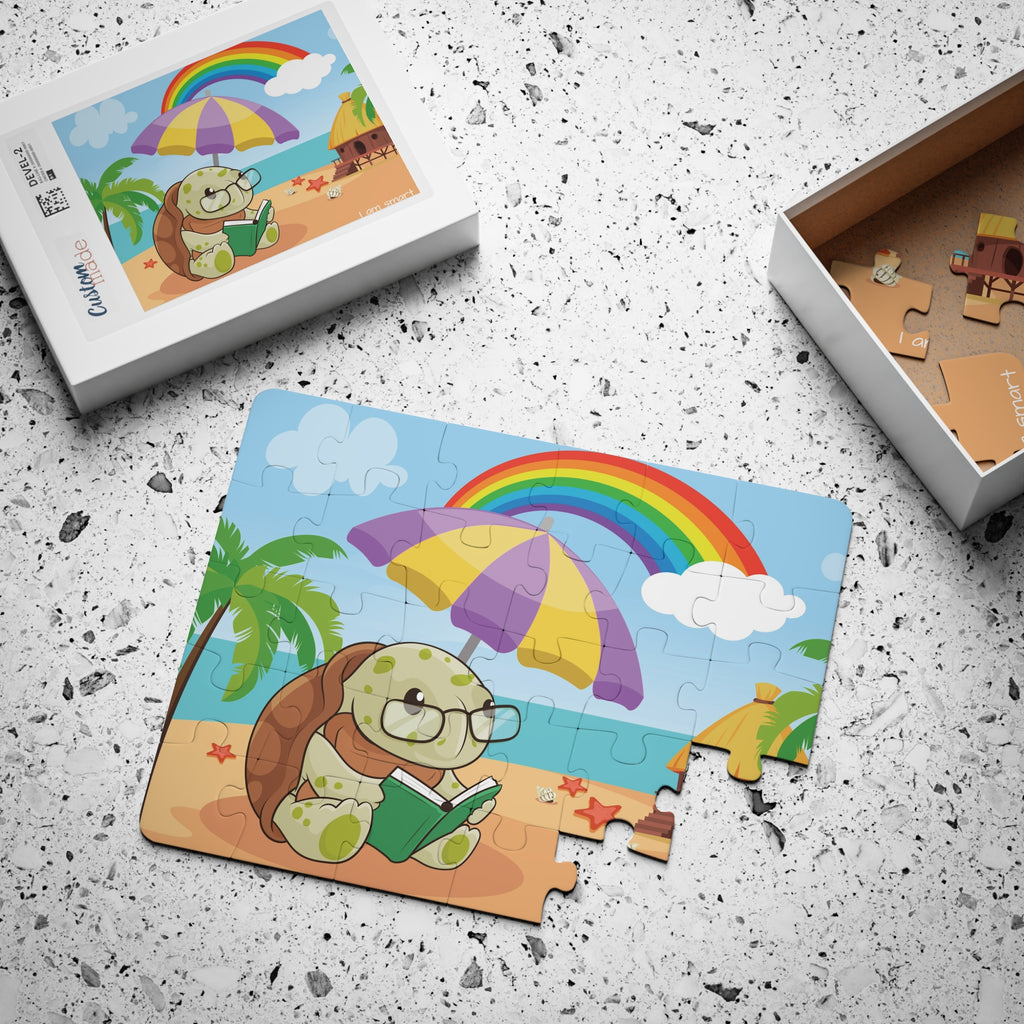 A 30 piece puzzle with a scene of a turtle reading a book under an umbrella on the beach, a rainbow in the background, and the phrase "I am smart" along the bottom. The puzzle is mostly assembled next to its container box.