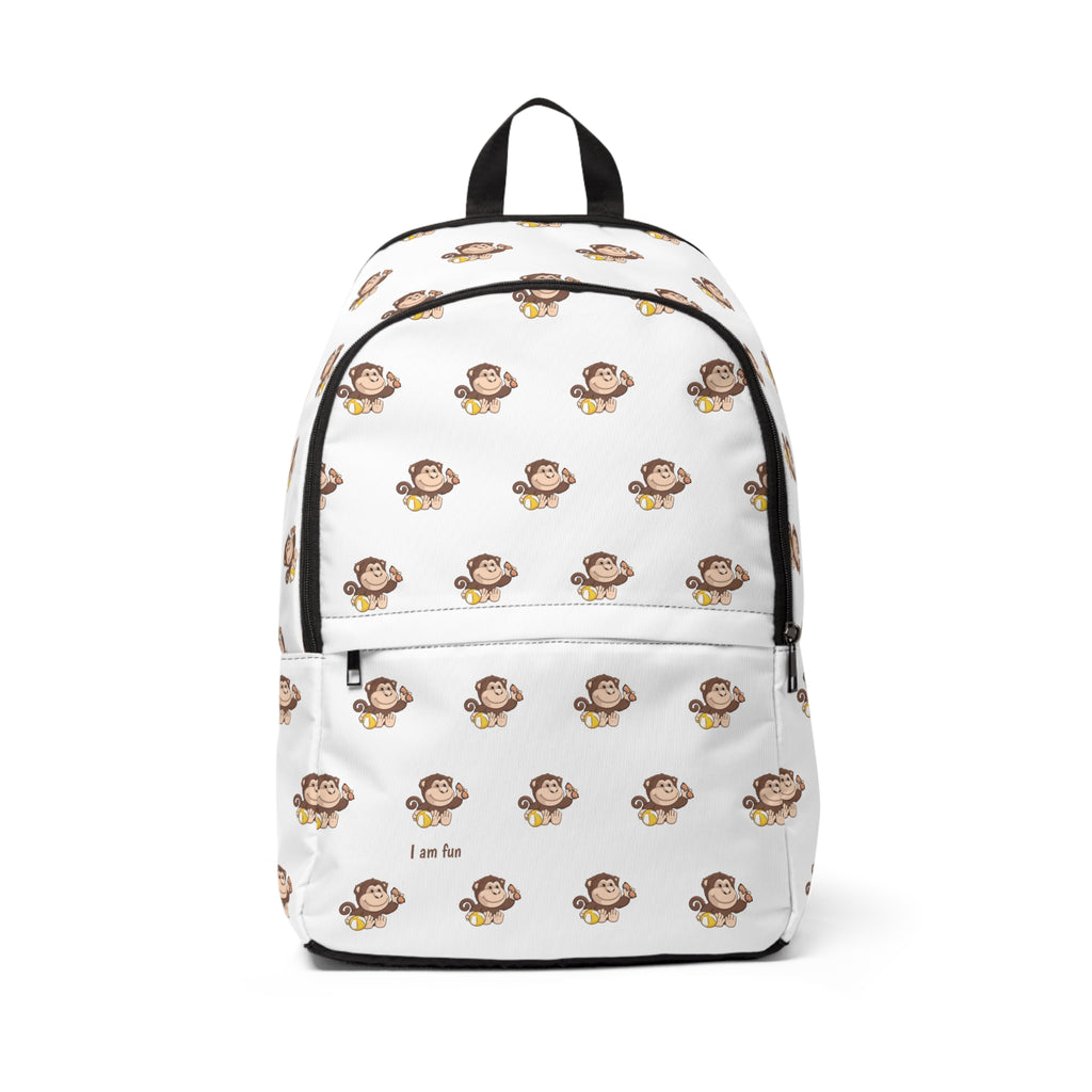Front-view of a backpack with a repeating pattern of a monkey and the phrase "I am fun" in the bottom left corner of the front.