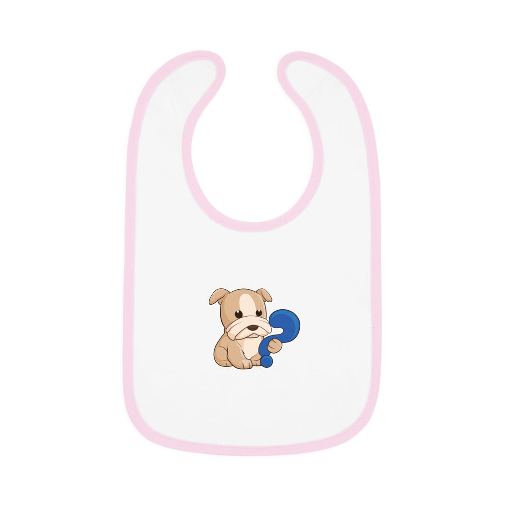 A white baby bib with light pink trim and a small picture of a dog.