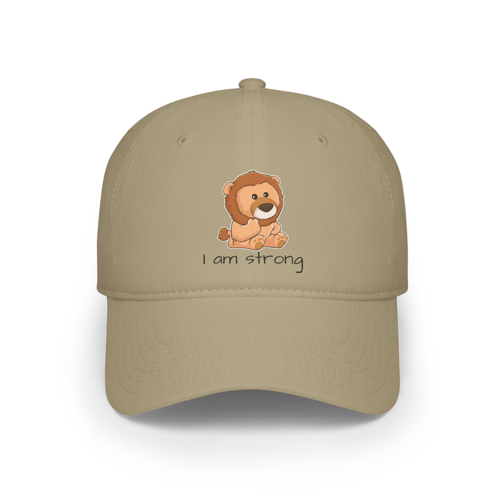 Front-view of a khaki baseball hat with a picture of a lion that says I am strong.
