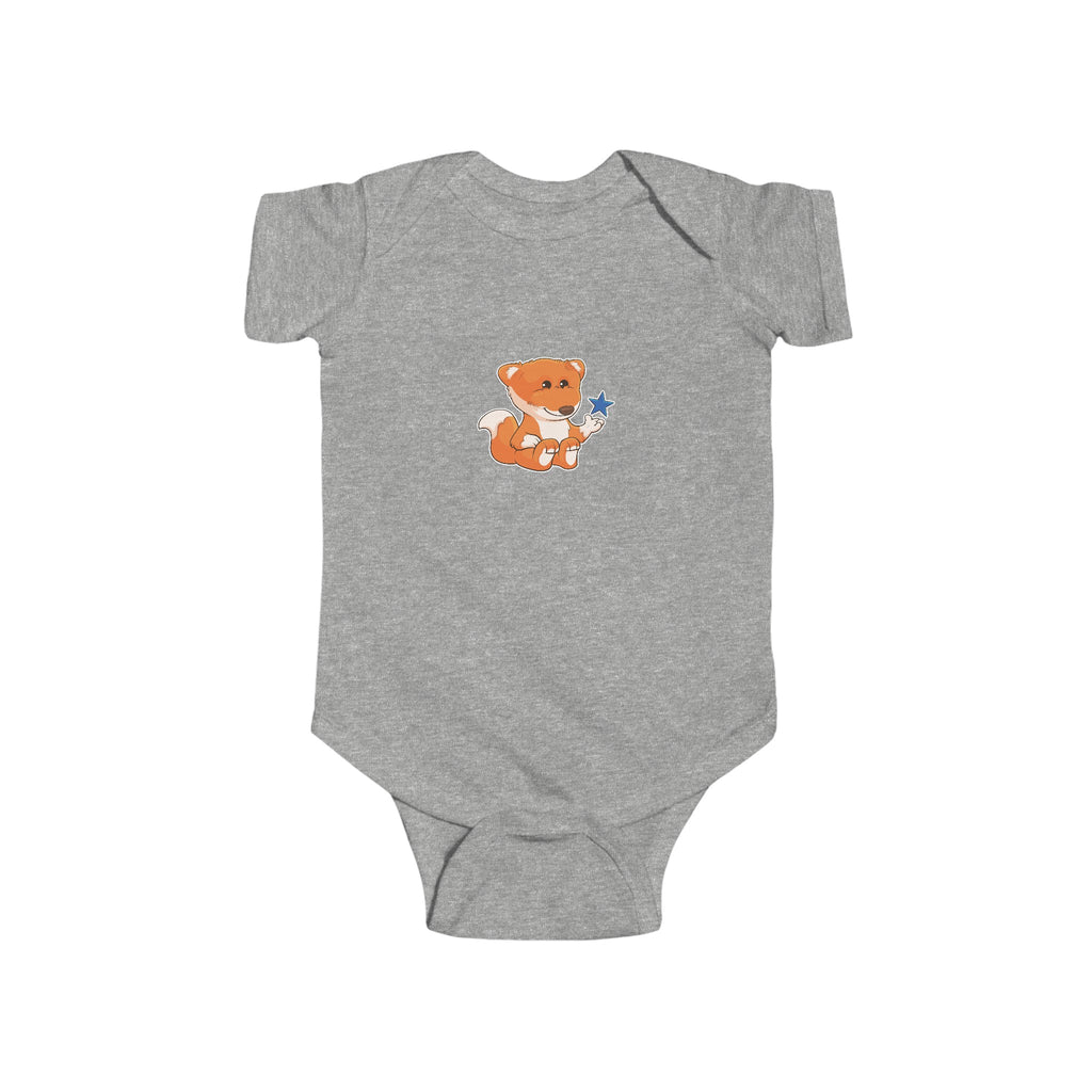 A heather grey baby onesie with a picture of a fox.