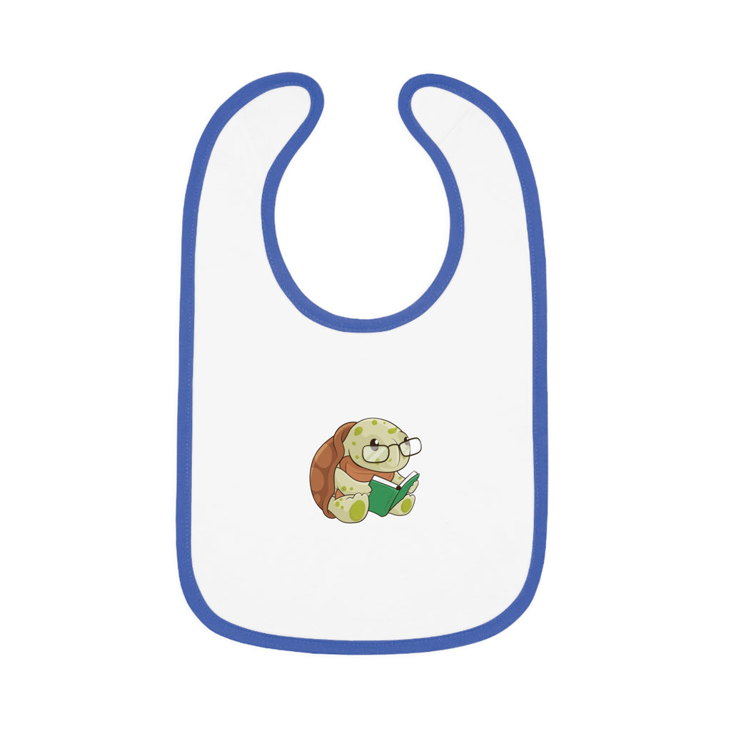 A white baby bib with royal blue trim and a small picture of a turtle.