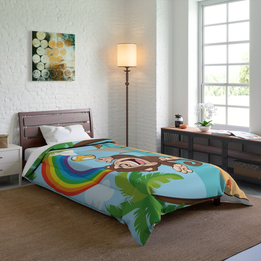 A 68 by 92 inch bed comforter with a scene of a monkey playing volleyball on a beach, a rainbow in the background, and the phrase "I am fun" along the bottom. The comforter covers a twin extra long sized bed.