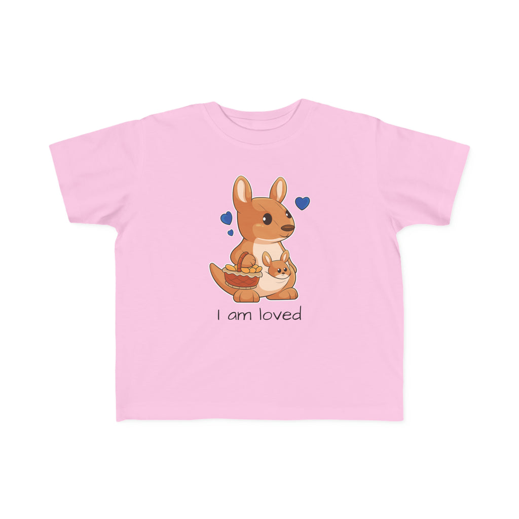 A short-sleeve light pink shirt with a picture of a kangaroo that says I am loved.