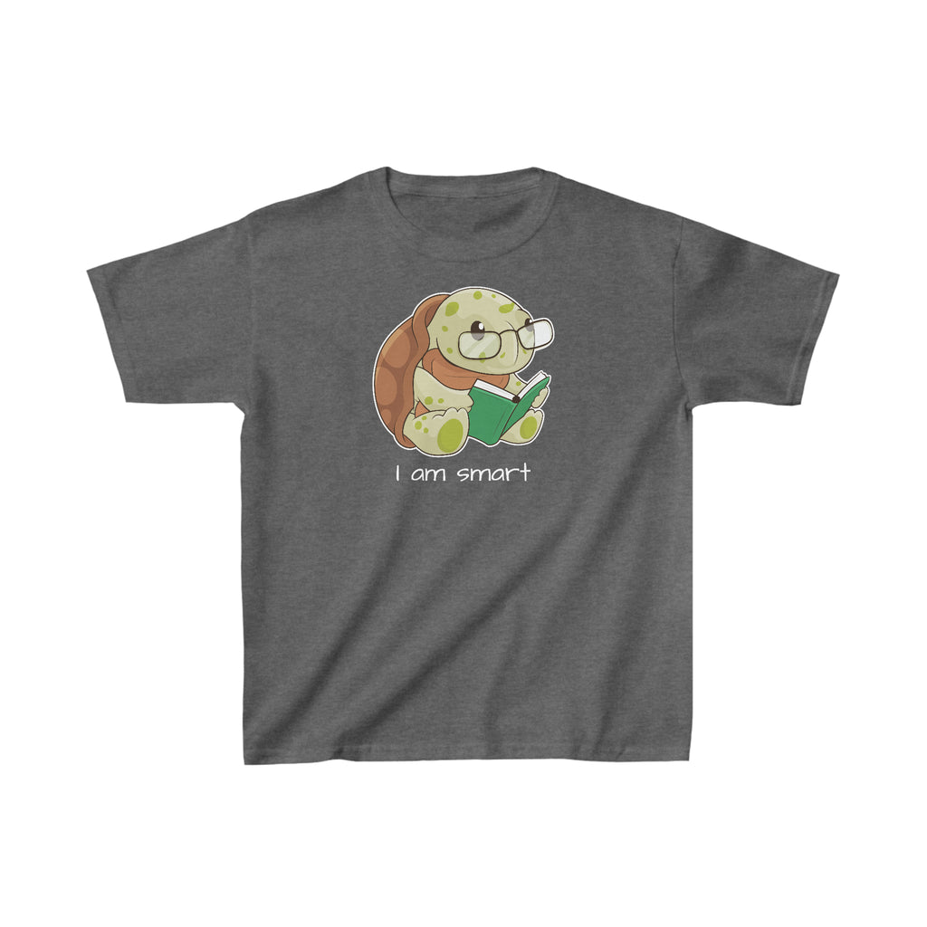 A short-sleeve dark grey shirt with a picture of a turtle that says I am smart.