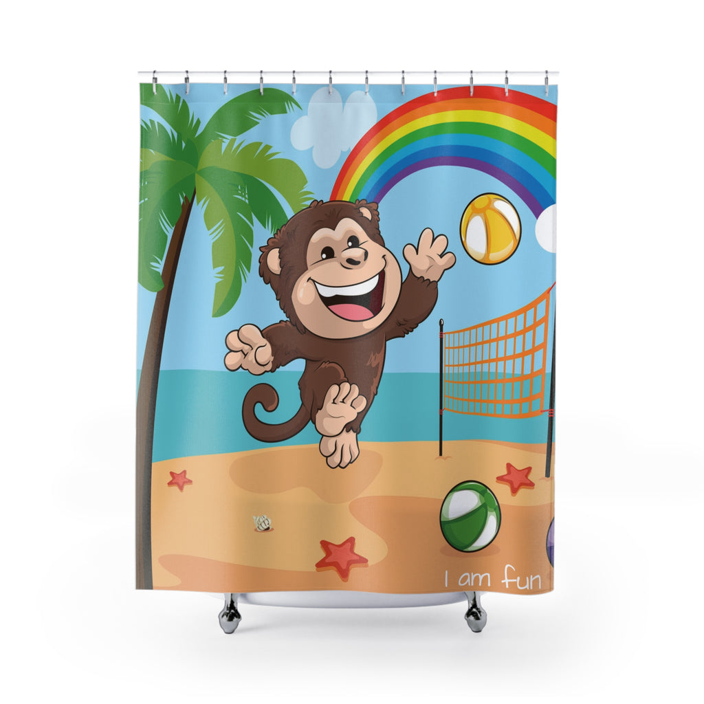 A shower curtain hanging from a rod in front of a stand-alone tub. The shower curtain has a scene of a monkey playing volleyball on a beach with a rainbow in the background and the phrase "I am fun" along the bottom.