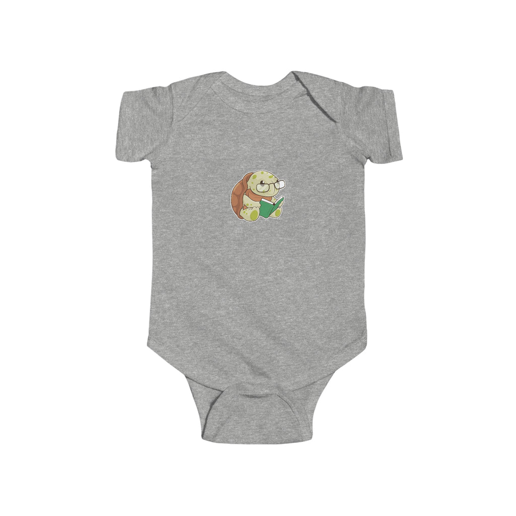 A heather grey baby onesie with a picture of a turtle.