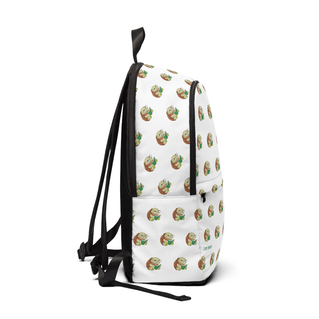 Side-view of a backpack with a repeating pattern of a turtle and the phrase "I am smart" in the bottom left corner of the front.