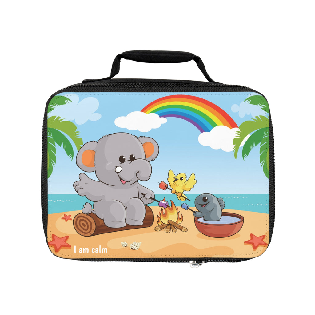 A rectangular lunch bag with a scene on the front of an elephant having a bonfire with a bird and fish on the beach, a rainbow in the background, and the phrase "I am calm" along the bottom.