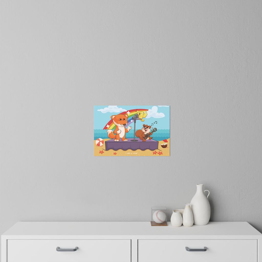 An 18 by 12 inch wall decal on a grey wall above a dresser. The wall decal has a scene of a fox singing with a squirrel and bird on a stage on the beach, a rainbow in the background, and the phrase "I am a star" along the bottom.