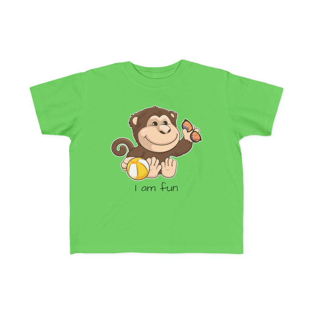 A short-sleeve green shirt with a picture of a monkey that says I am fun.