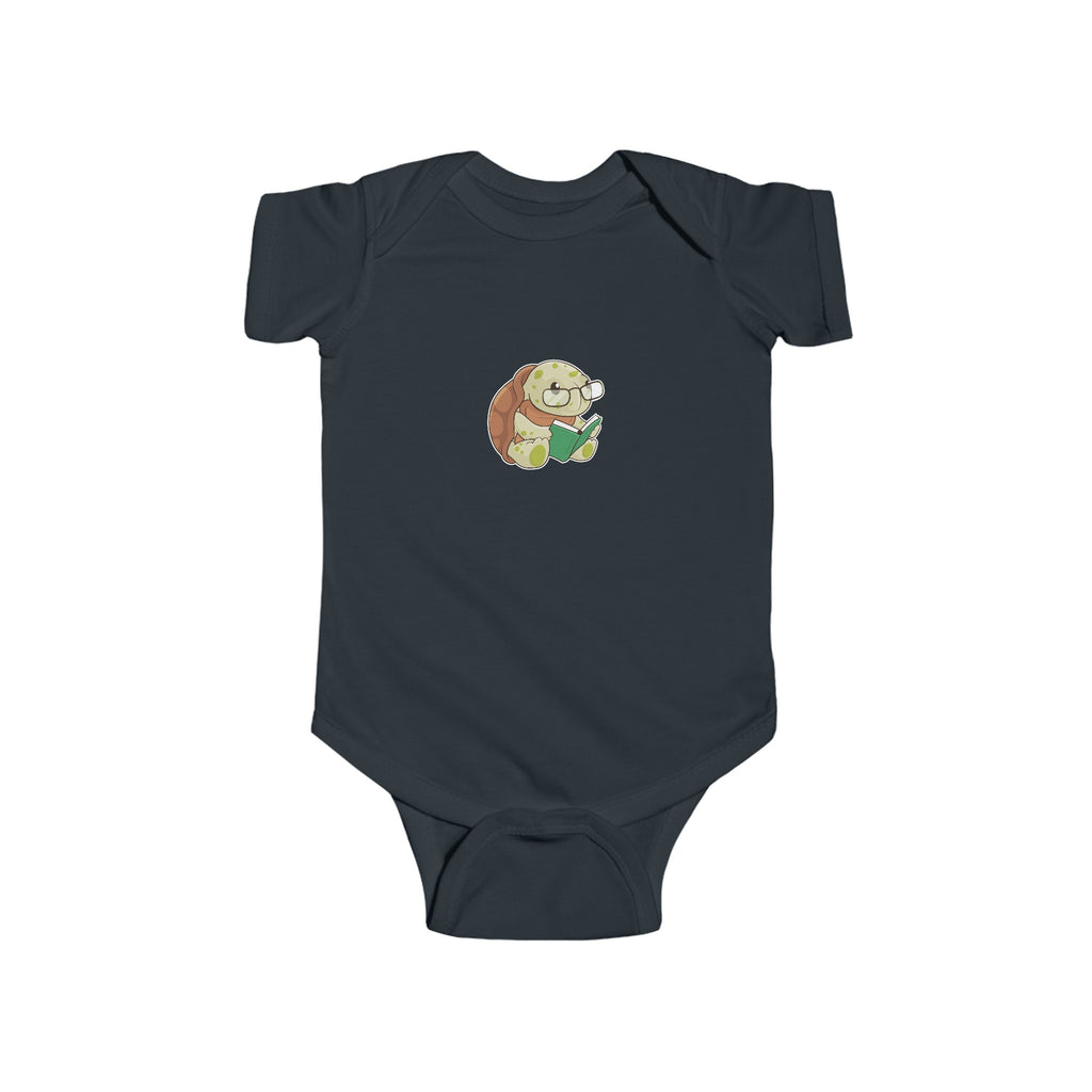A black baby onesie with a picture of a turtle.