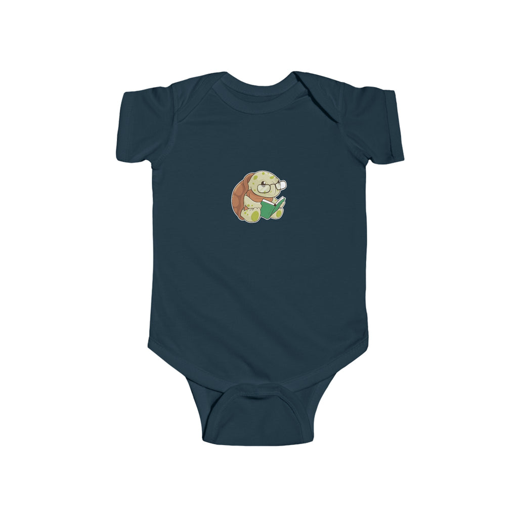 A navy blue baby onesie with a picture of a turtle.