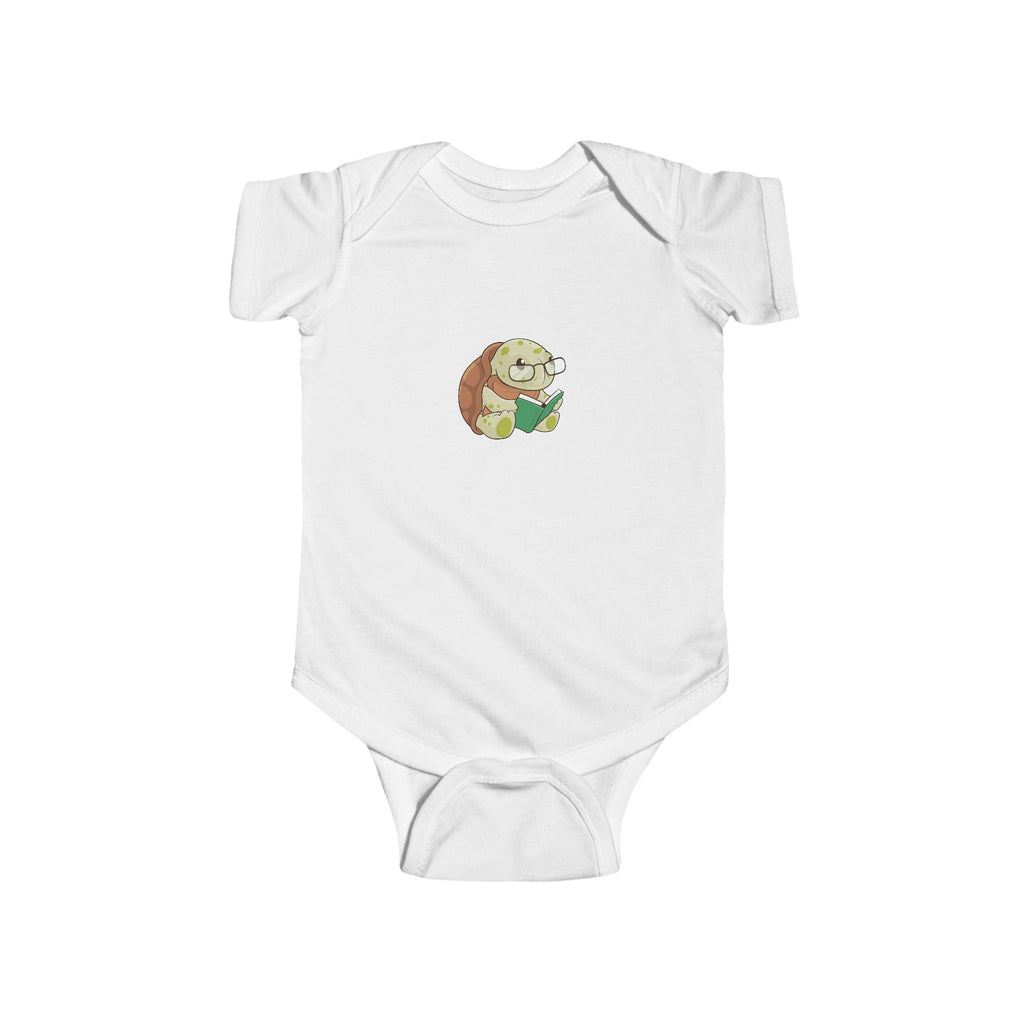 A white baby onesie with a picture of a turtle.