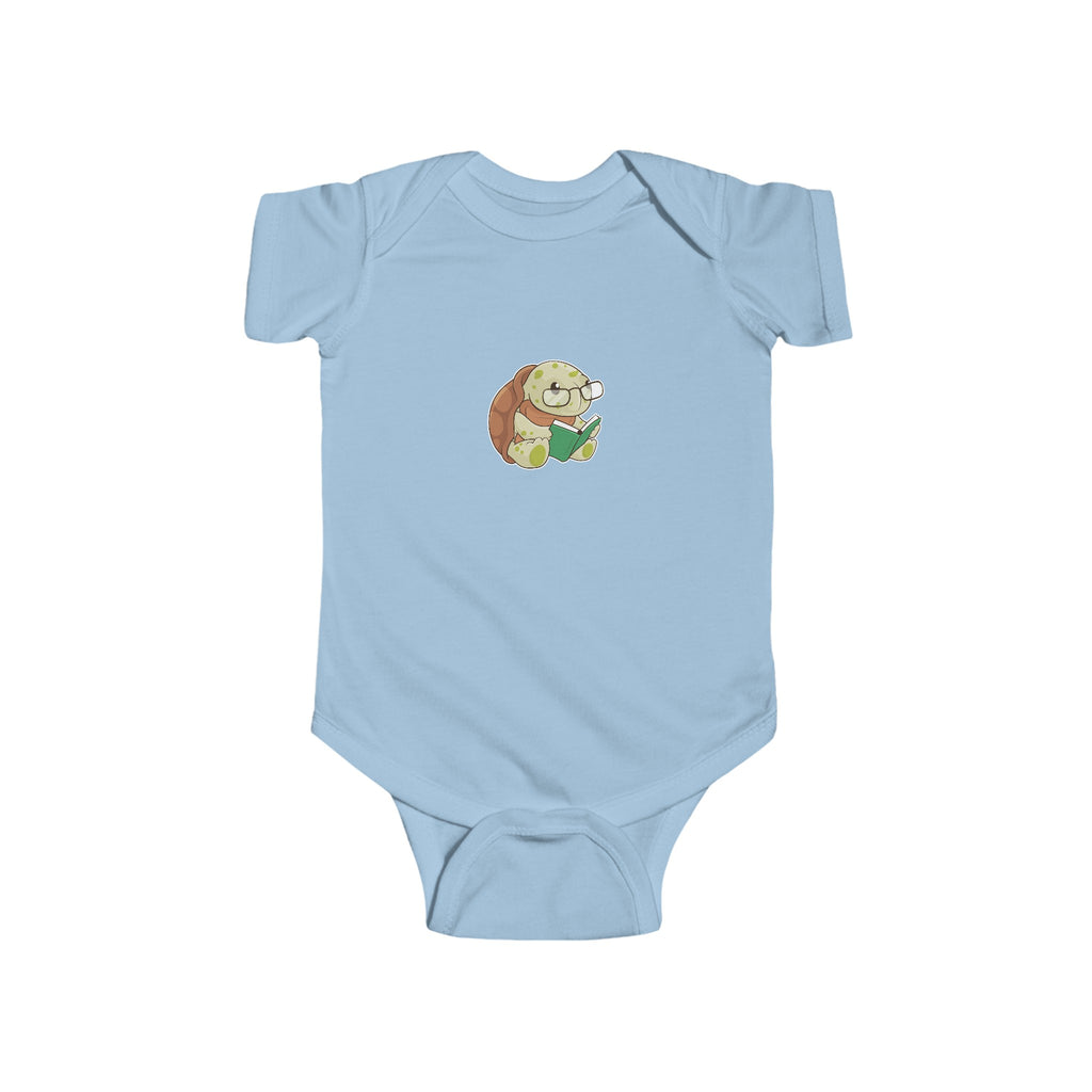 A light blue baby onesie with a picture of a turtle.