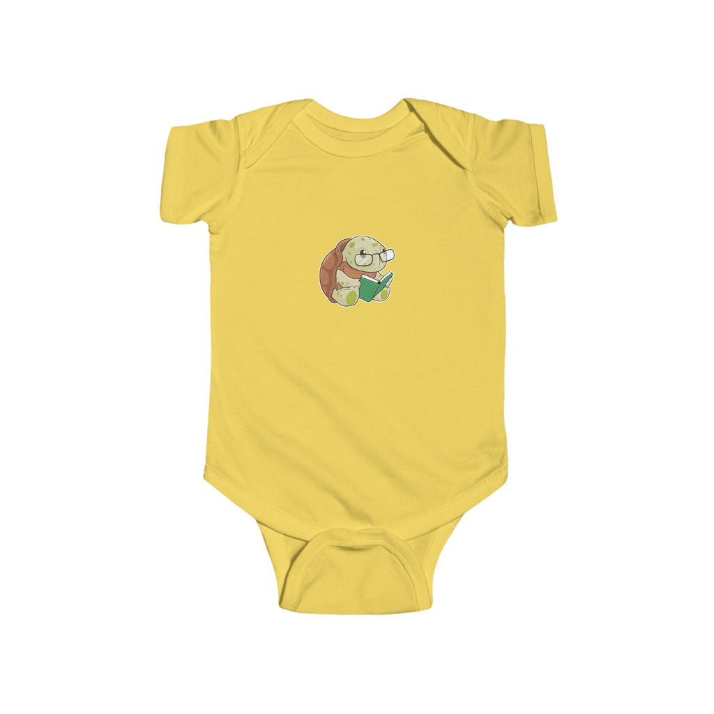 A yellow baby onesie with a picture of a turtle.