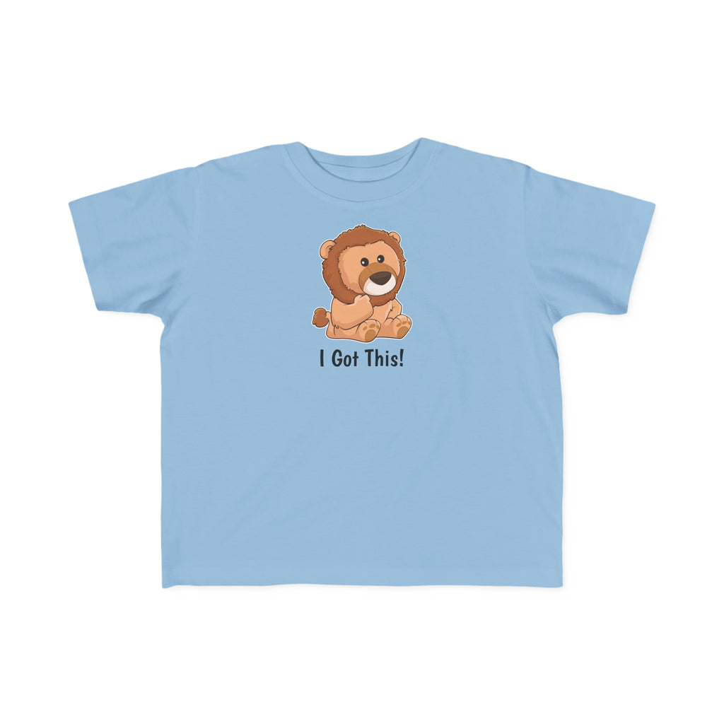 A short-sleeve light blue shirt with a picture of a lion that says I Got This.