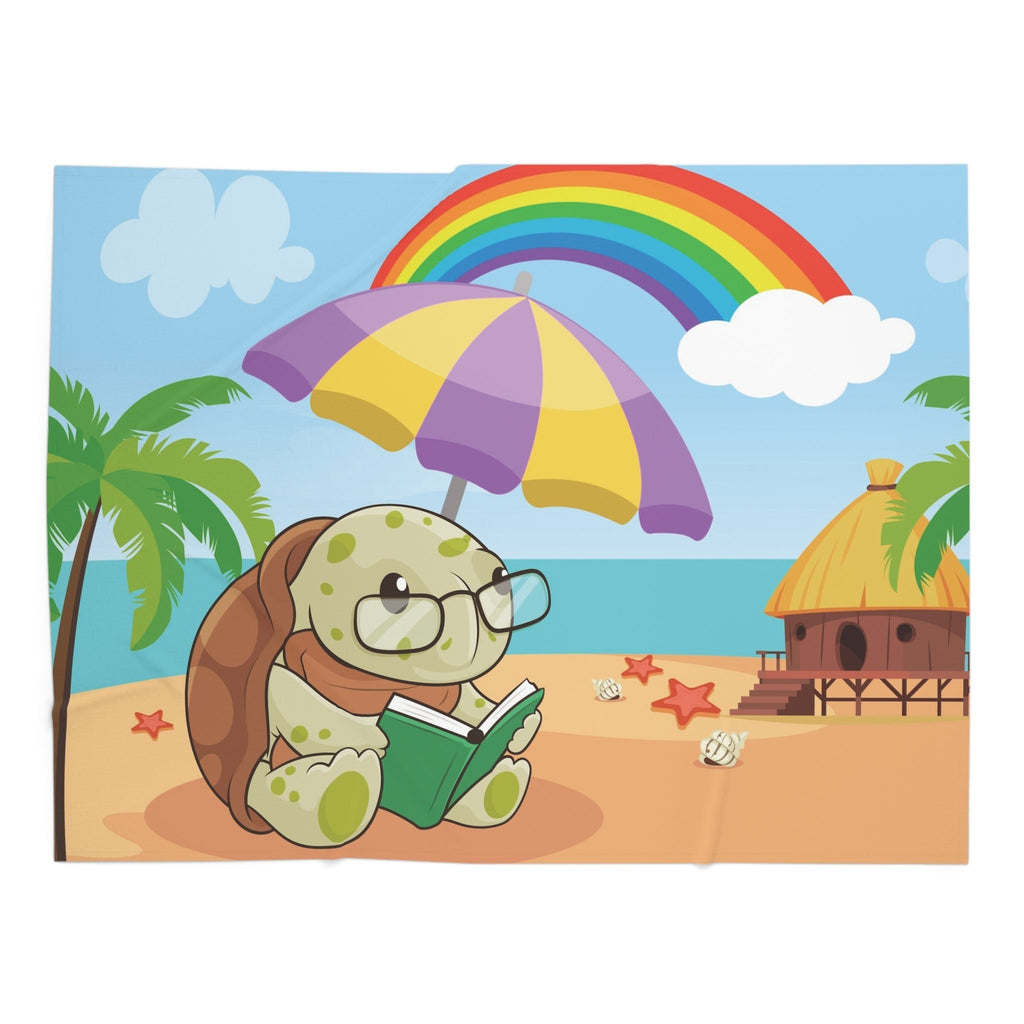 Full-color swaddle blanket with a turtle reading a book under an umbrella on a beach with a rainbow in the background.