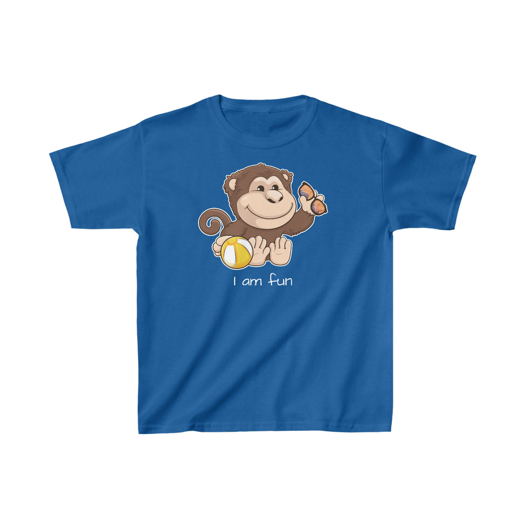 A short-sleeve royal blue shirt with a picture of a monkey that says I am fun.