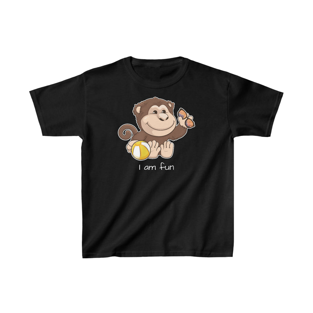 A short-sleeve black shirt with a picture of a monkey that says I am fun.