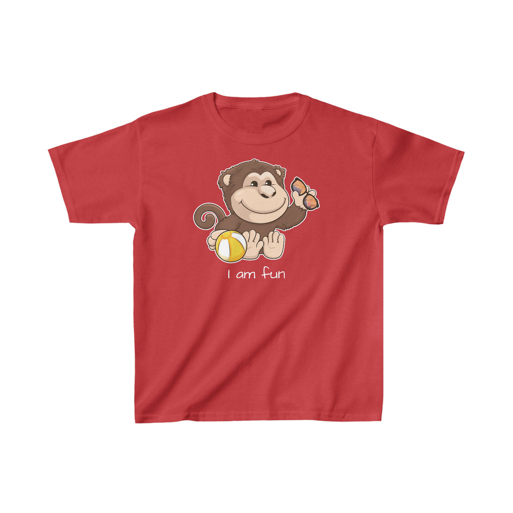 A short-sleeve red shirt with a picture of a monkey that says I am fun.