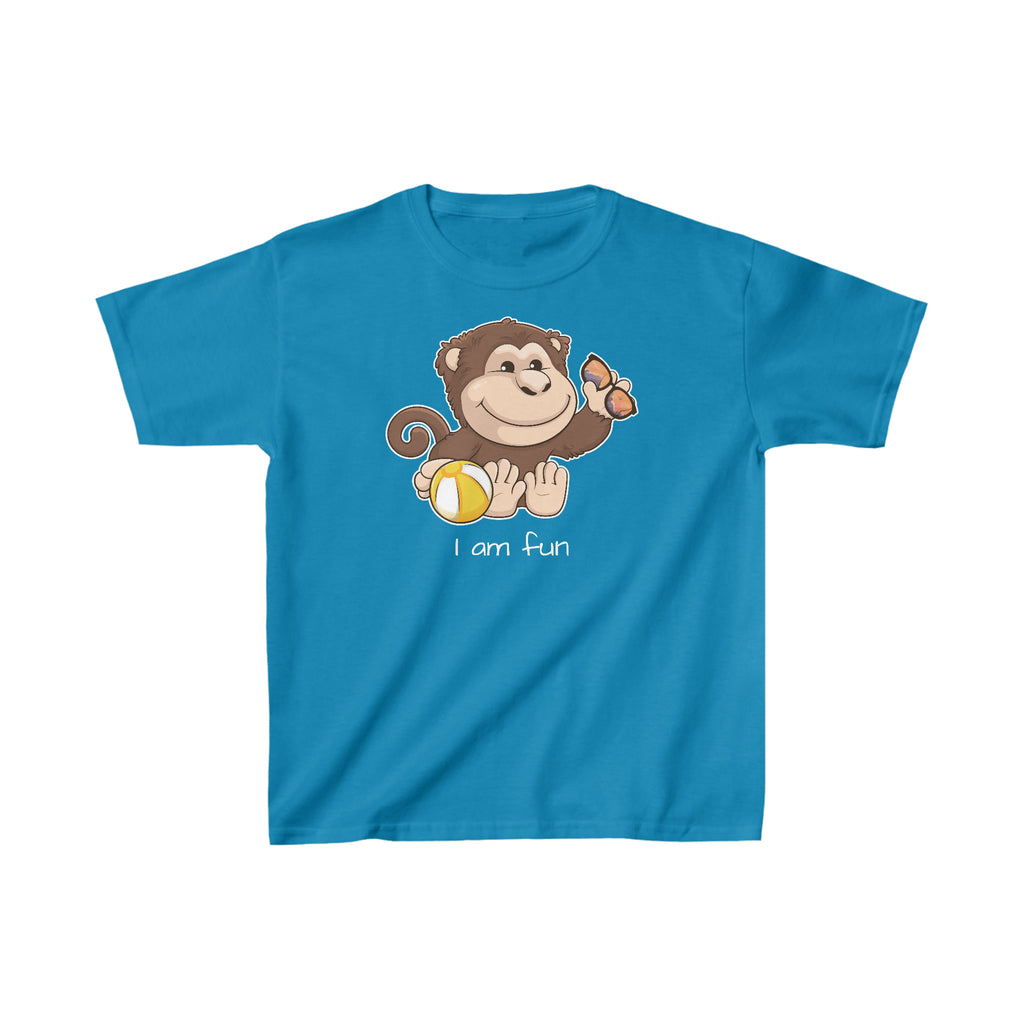 A short-sleeve sapphire blue shirt with a picture of a monkey that says I am fun.
