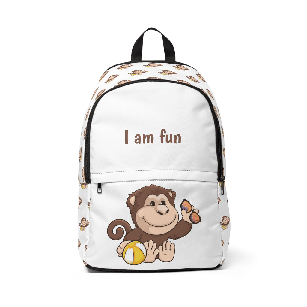 Front-view of a white backpack with a repeating pattern of a monkey on the sides. The bottom half of the front features a large monkey and the top half says "I am fun".
