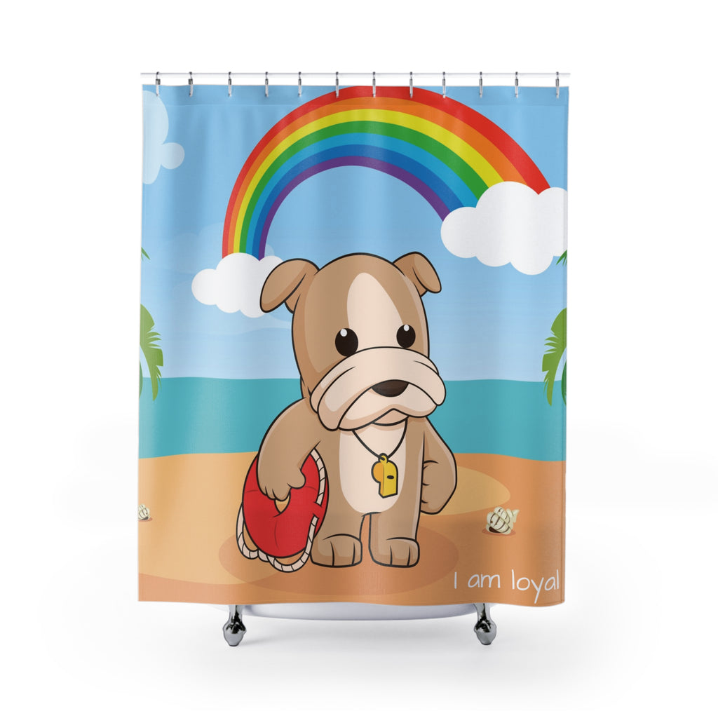 A shower curtain hanging from a rod in front of a stand-alone tub. The shower curtain has a scene of a dog lifeguard standing on a beach with a rainbow in the background and the phrase "I am loyal" along the bottom.