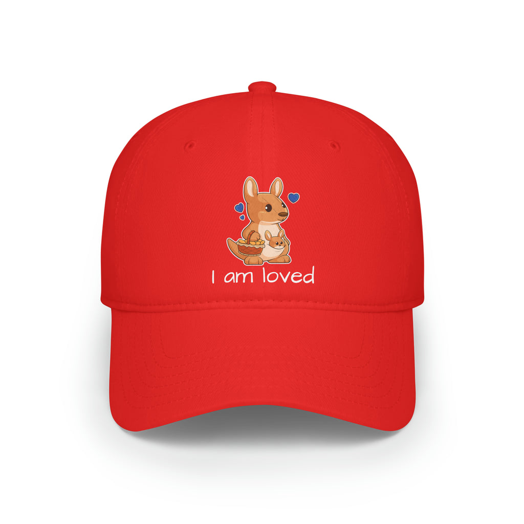 Front-view of a red baseball hat with a picture of a kangaroo that says I am loved.