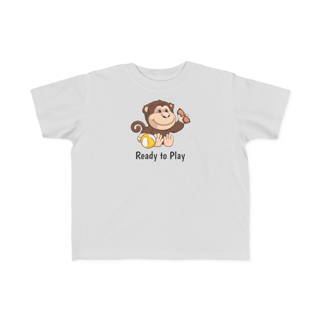 A short-sleeve grey shirt with a picture of a monkey that says Ready to Play.