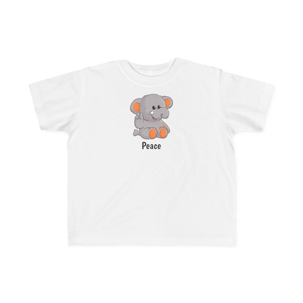 A short-sleeve white shirt with a picture of an elephant that says Peace.