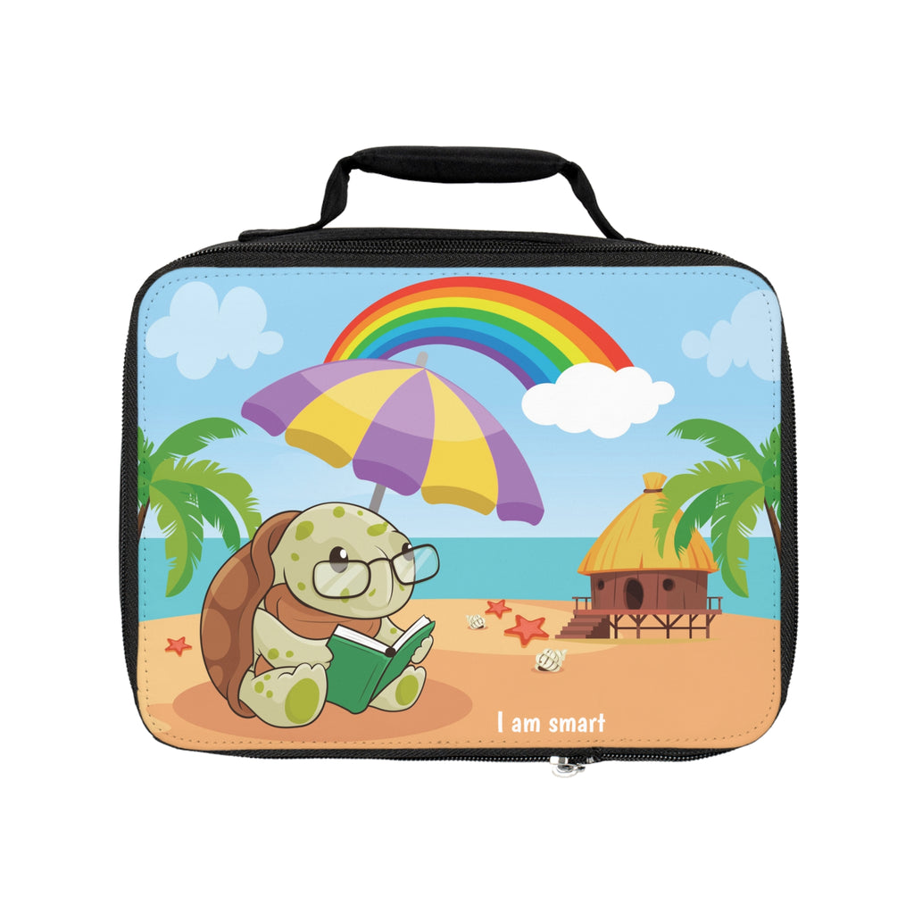 A rectangular lunch bag with a scene on the front of a turtle reading a book under an umbrella on the beach, a rainbow in the background, and the phrase "I am smart" along the bottom.
