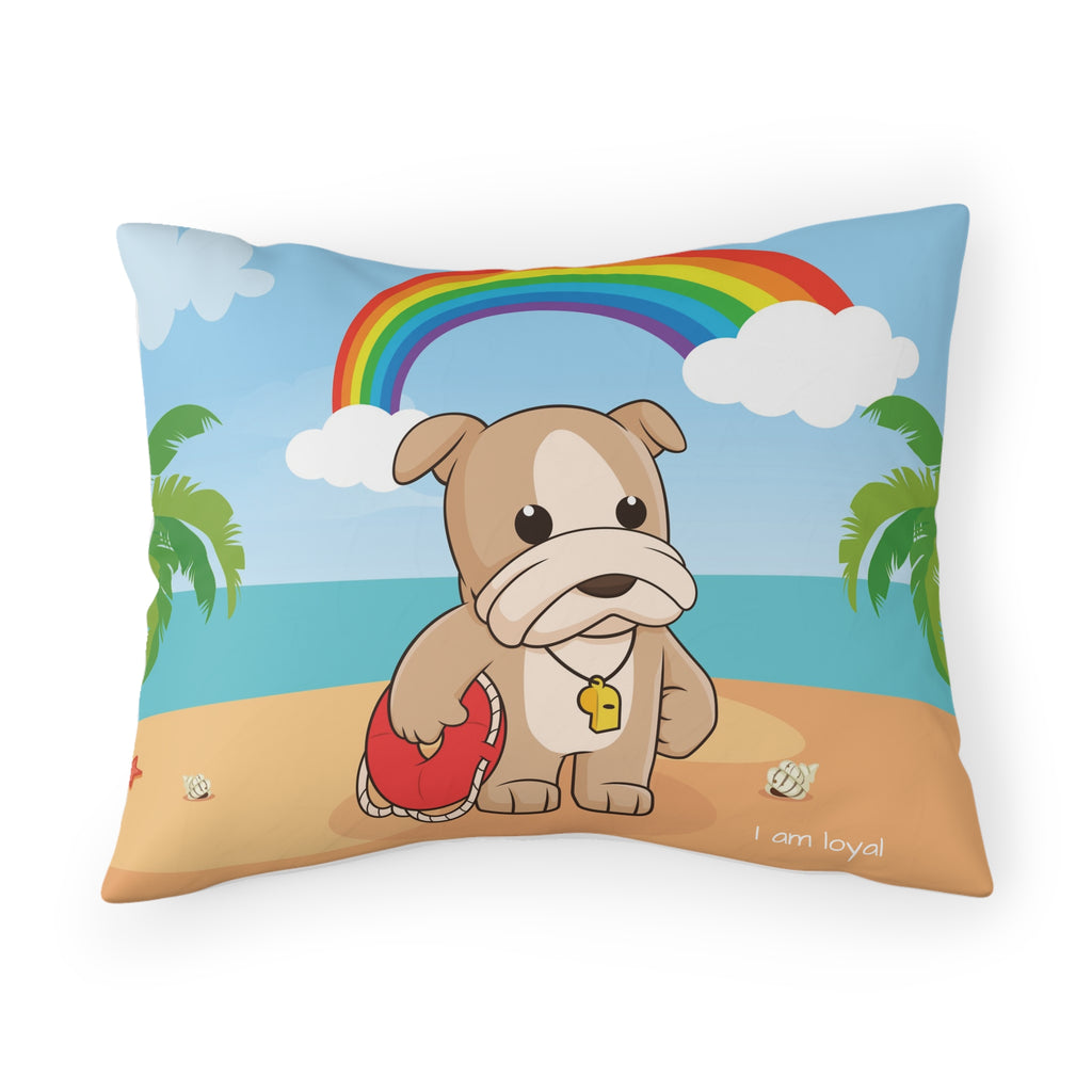 A pillowcase with a scene of a dog lifeguard standing on the beach, a rainbow in the background, and the phrase "I am loyal" along the bottom.