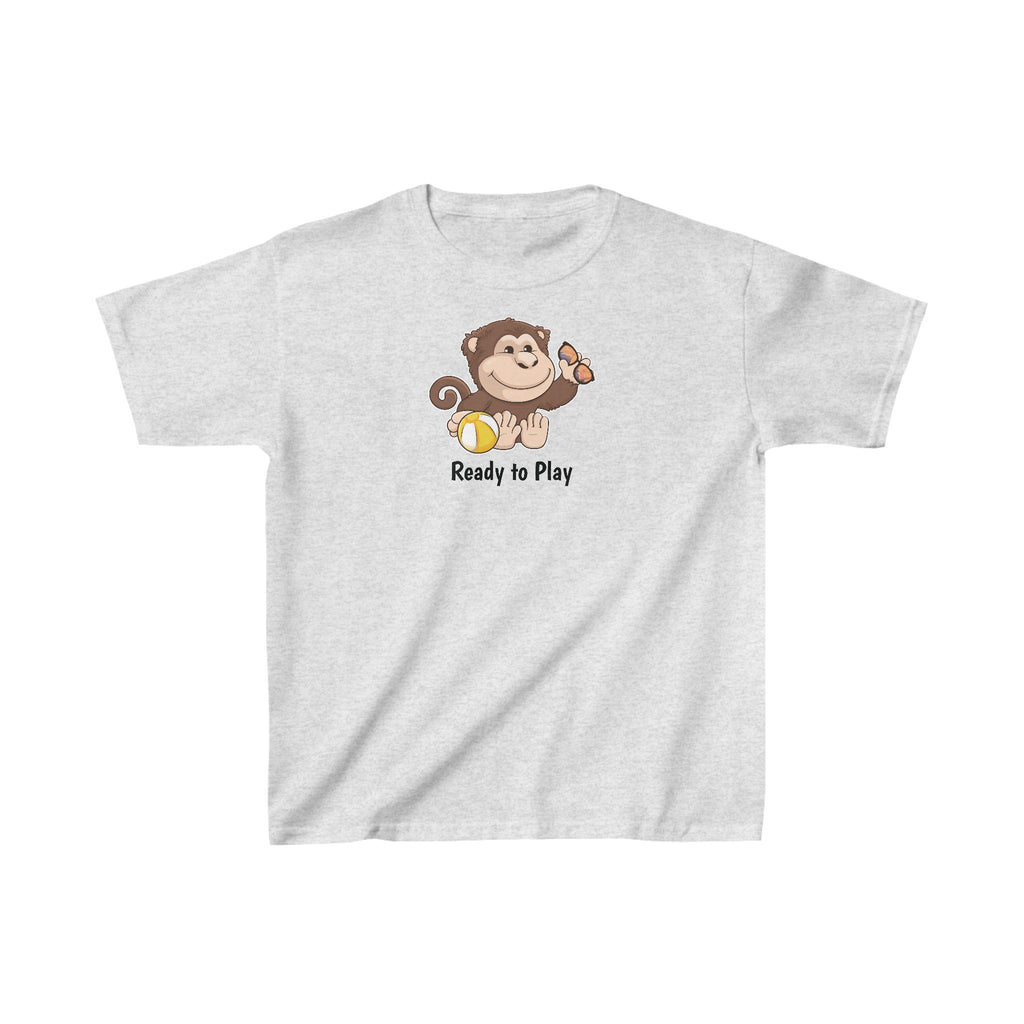 A short-sleeve light grey shirt with a picture of a monkey that says Ready to Play.