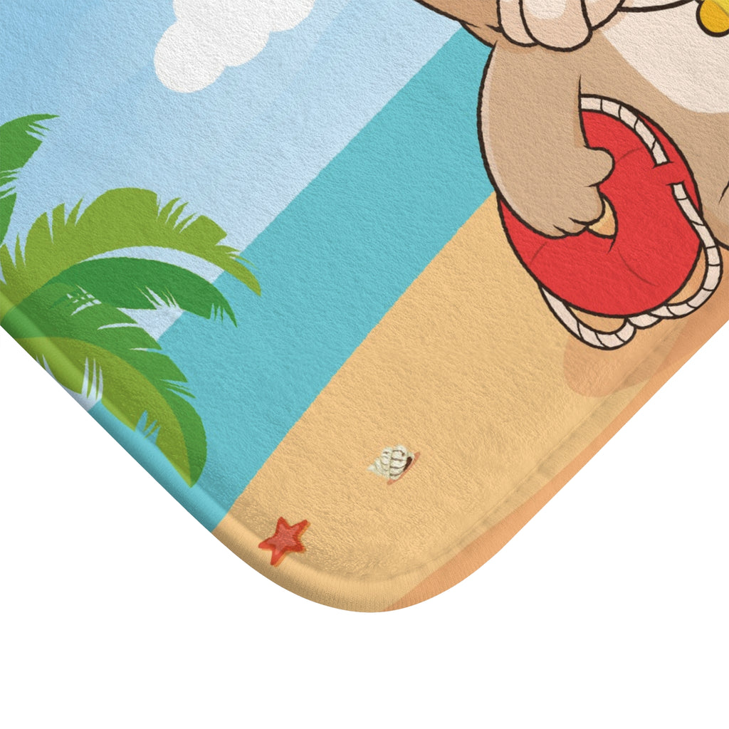 A close-up of a corner of the bath mat with a scene of a dog lifeguard standing on a beach.