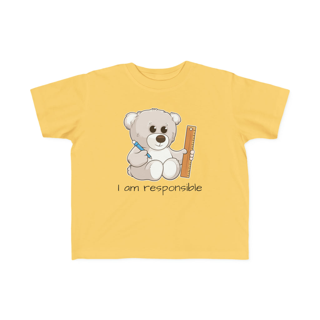 A short-sleeve yellow shirt with a picture of a bear that says I am responsible.