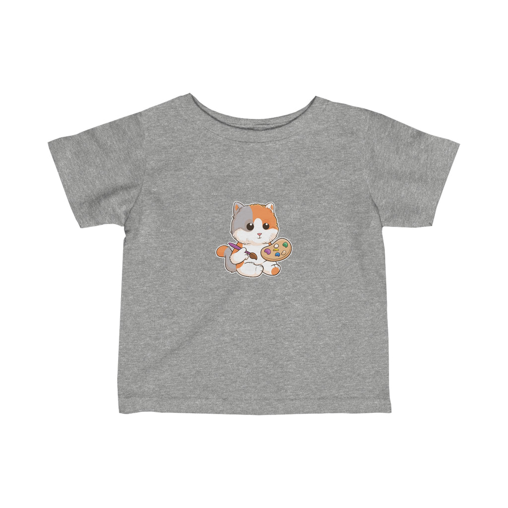 A short-sleeve heather grey shirt with a picture of a cat.