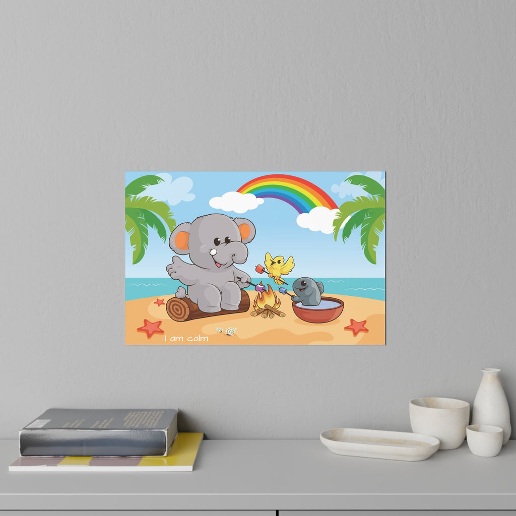 A 36 by 24 inch wall decal on a grey wall above a dresser and books. The wall decal has a scene of an elephant having a bonfire with a bird and fish on the beach, a rainbow in the background, and the phrase "I am calm" along the bottom.