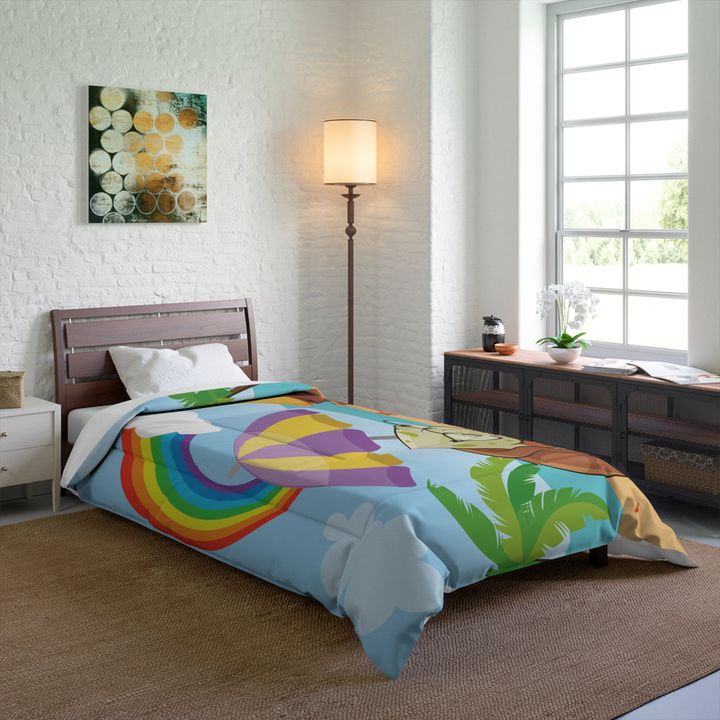 A 68 by 92 inch bed comforter with a scene of a turtle reading a book under an umbrella on a beach, a rainbow in the background, and the phrase "I am smart" along the bottom. The comforter covers a twin extra long sized bed.