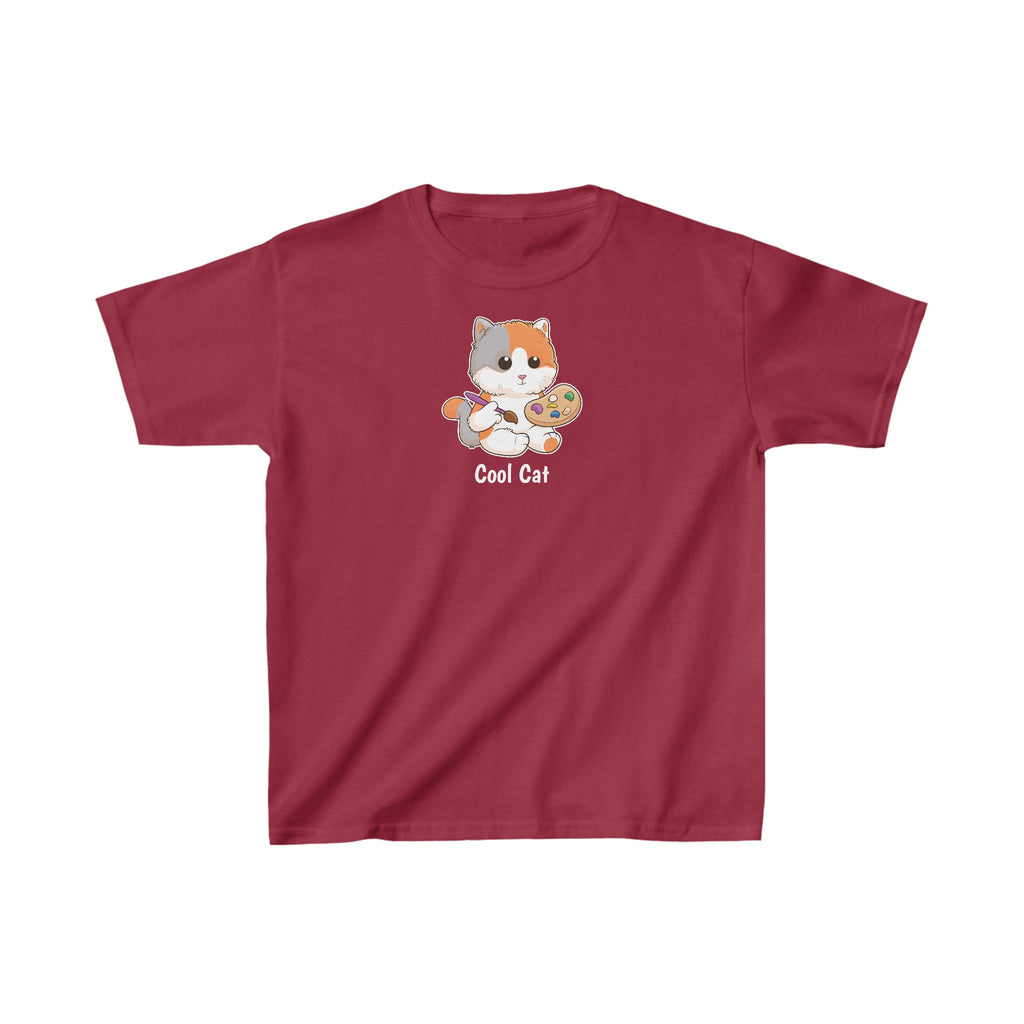 A short-sleeve cardinal red shirt with a picture of a cat that says Cool Cat.