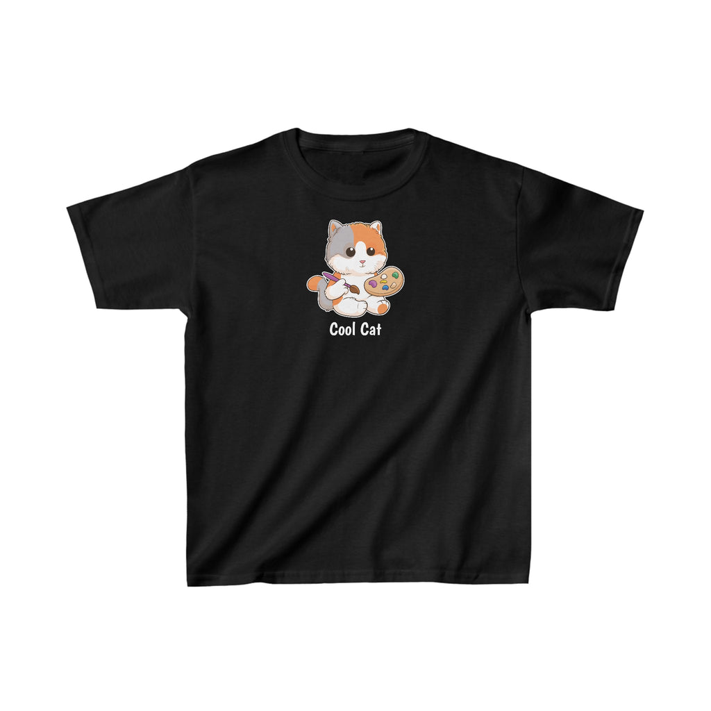 A short-sleeve black shirt with a picture of a cat that says Cool Cat.