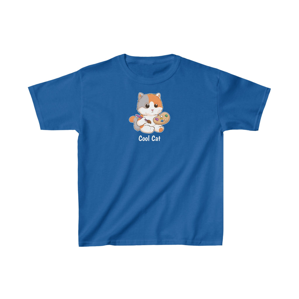 A short-sleeve royal blue shirt with a picture of a cat that says Cool Cat.
