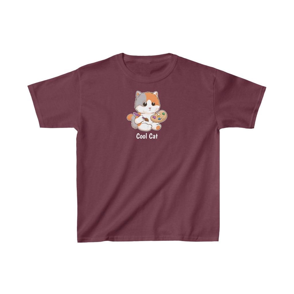 A short-sleeve maroon shirt with a picture of a cat that says Cool Cat.