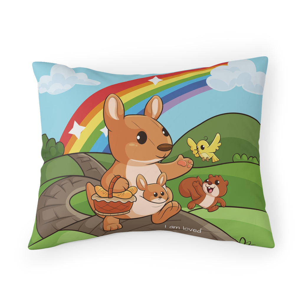 A pillowcase with a scene of a kangaroo walking along a path through rolling hills, a rainbow in the background, and the phrase "I am loved" along the bottom.