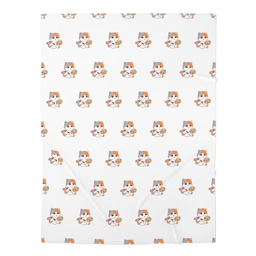A white swaddle blanket with a repeating pattern of a cat.