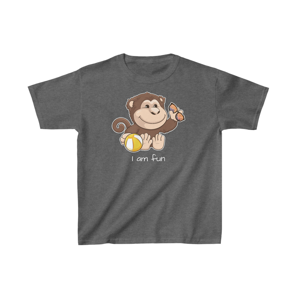 A short-sleeve dark grey shirt with a picture of a monkey that says I am fun.